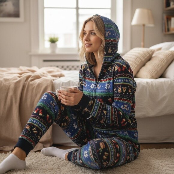 Cat & Jack Junior Christmas-Themed Hooded Fleece Pajamas With Pockets Size Large - Picture 1 of 10